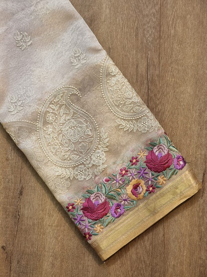 Pure Tissue Silk Saree Border Chikankari Embroidery Saree