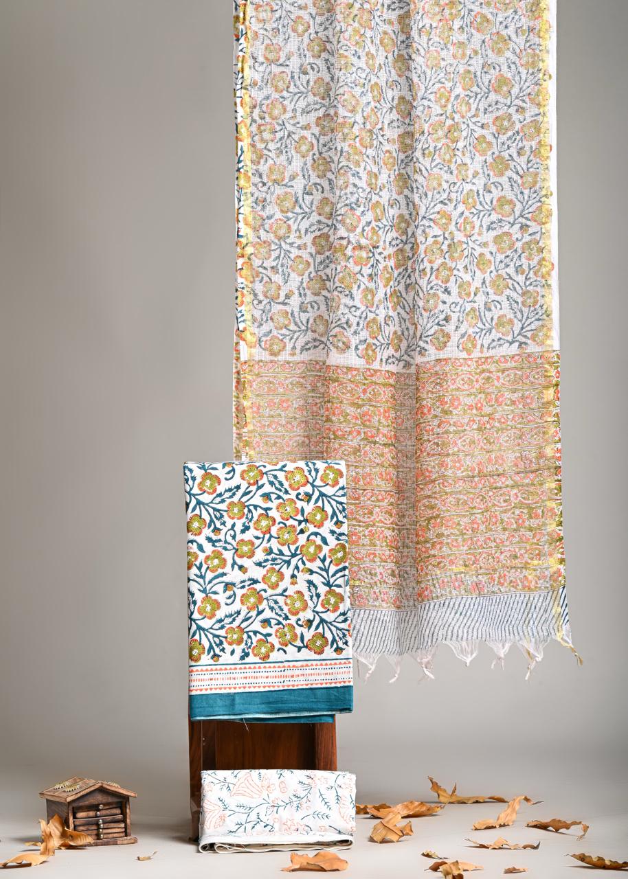 Pure Cotton Hand Block Print Suit With Kota Doriya Dupatta