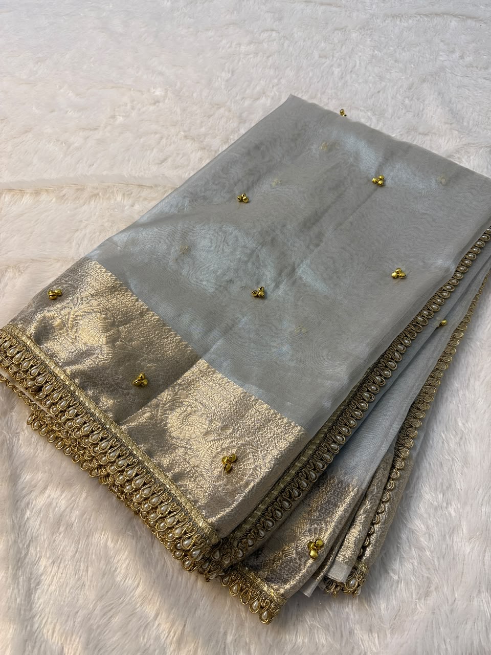 Premium Banarasi Tissue Zari Weaving Saree with Ghungroo Handwork Border