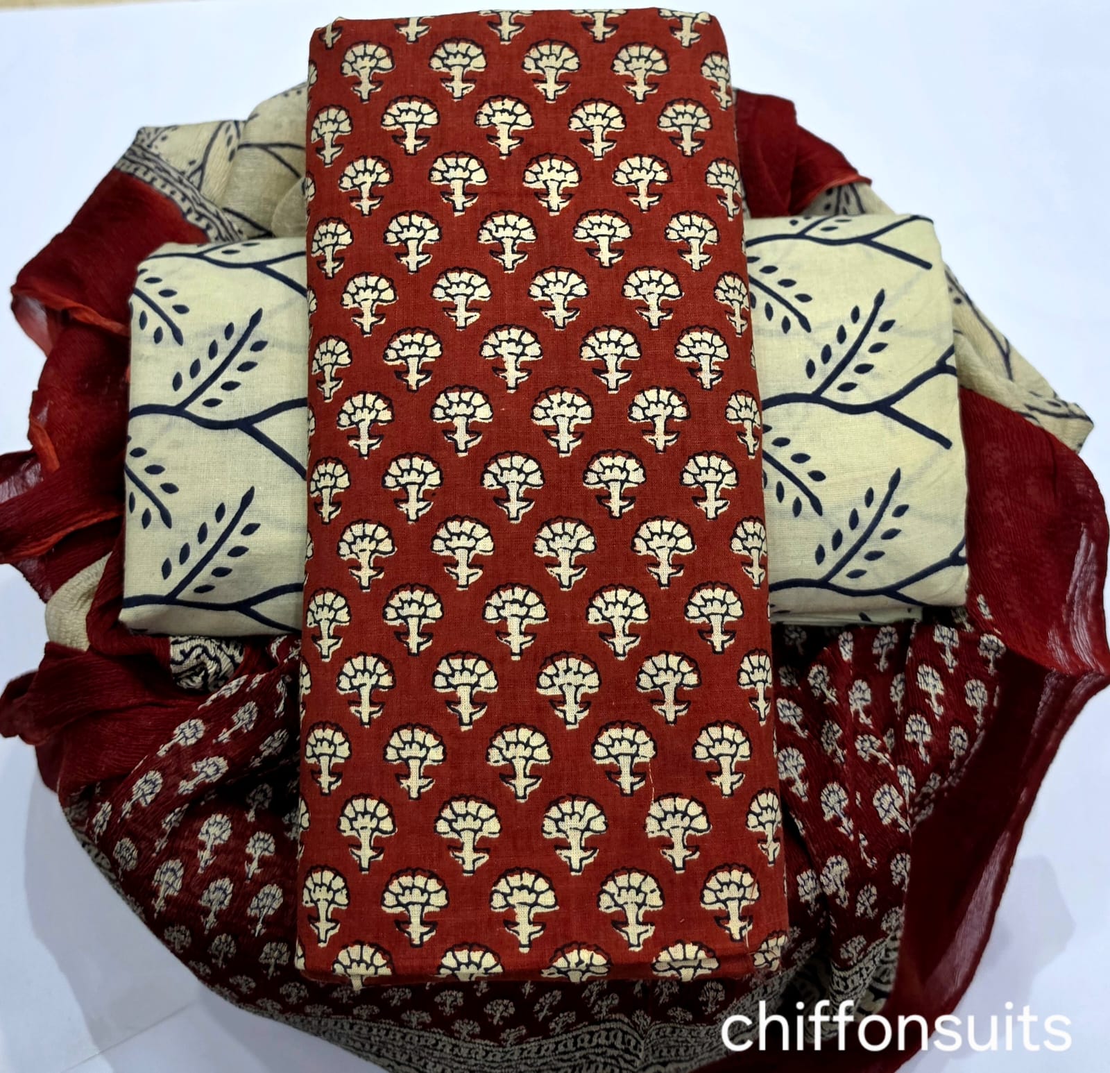 Pure cotton hand-block print suit with Chiffon dupatta