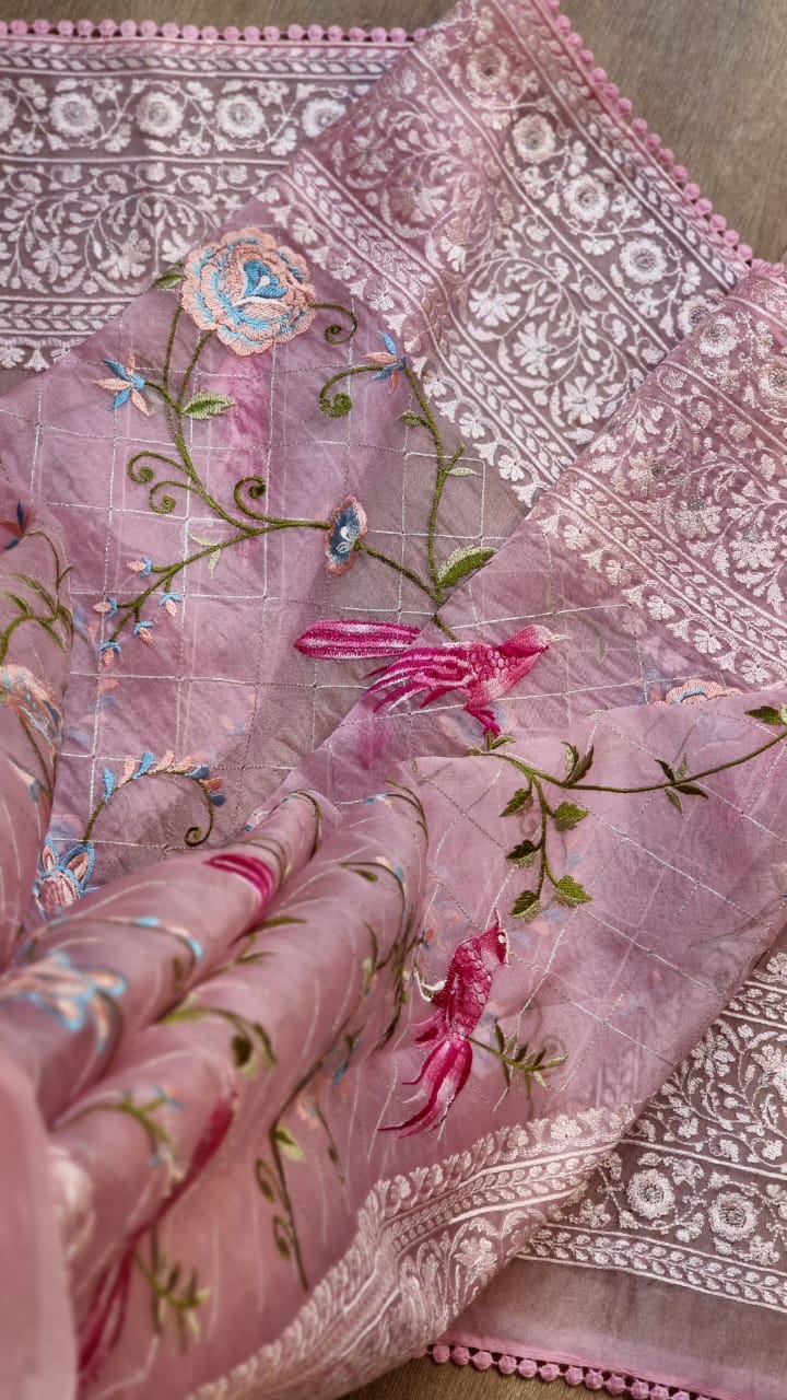 Pure Organza Silk  Parsi Embroidery Work Saree With Heavy Blouse