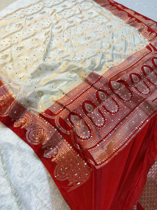Banarasi Semi khaddi Katan Georgette Soft Silk Saree With Mirror & moti Handwork
