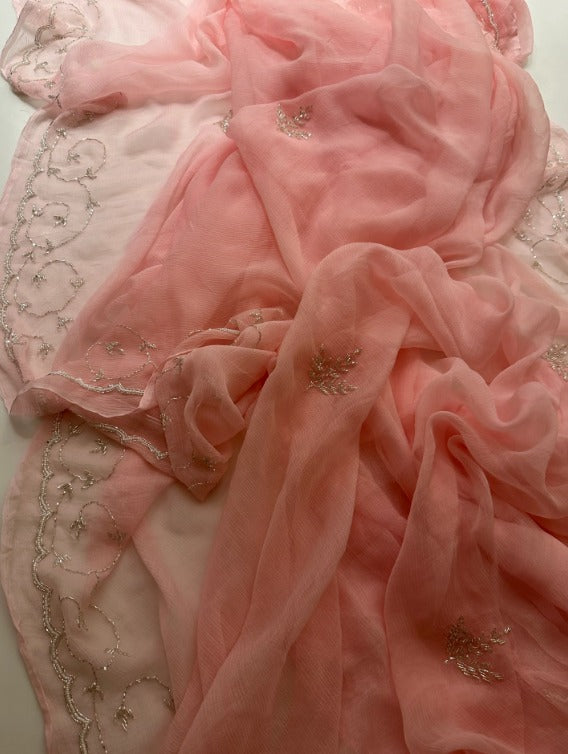 Pure Jaipuri Diamond Chiffon Elegance Hand Work Jaal Saree With Running Blouse