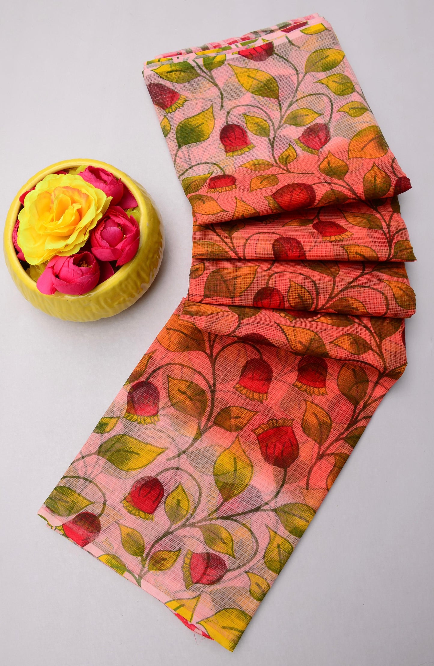 Pure Cotton Kota Doria Kalam Kari Floral Print Saree