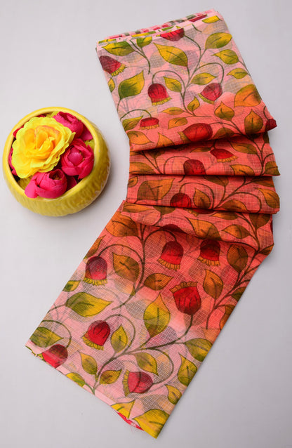 Pure Cotton Kota Doria Kalam Kari Floral Print Saree