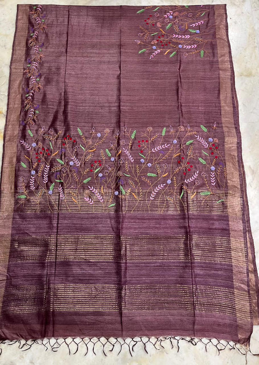 Pure Desi Tussar By Tussar Silk Embroidery Work Saree With Running Blouse.