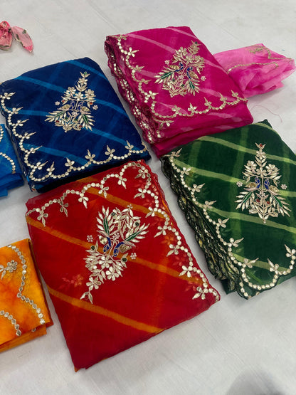 Desinger Organza  Leheriya   Pattern Gota  Patti Work Saree With Contrast Blouse