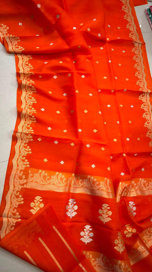 Pure Handloom banarasi  kora Silk Saree With Blouse