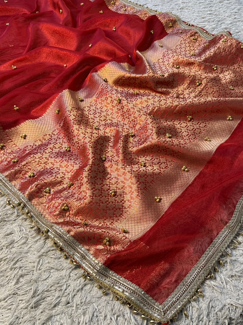 Premium Banarasi Tissue Zari Weaving Saree with Ghungroo Handwork Border