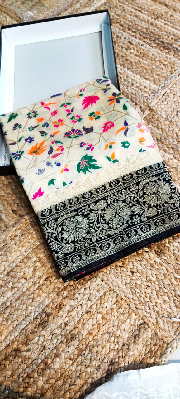White color Banarasi Handloom Silk Multi Meena Zari Work Saree