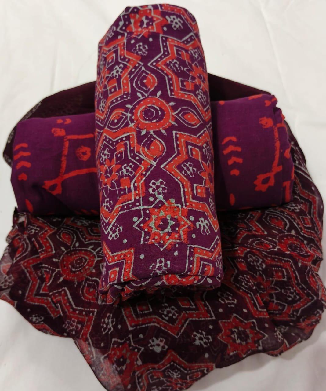 Pure cotton hand-block print suit with Chiffon dupatta