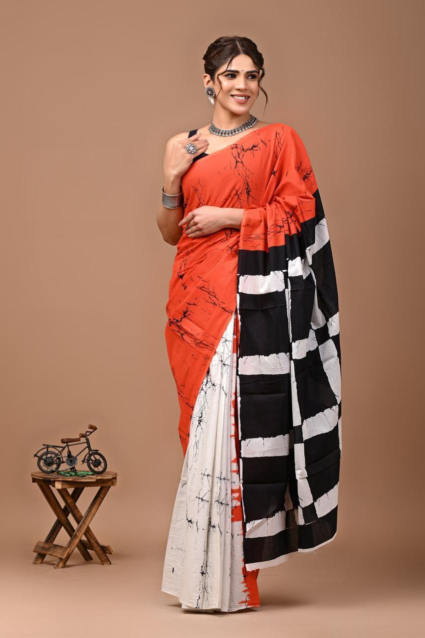 Pure Mulmul Cotton hand block Print Saree with Blouse