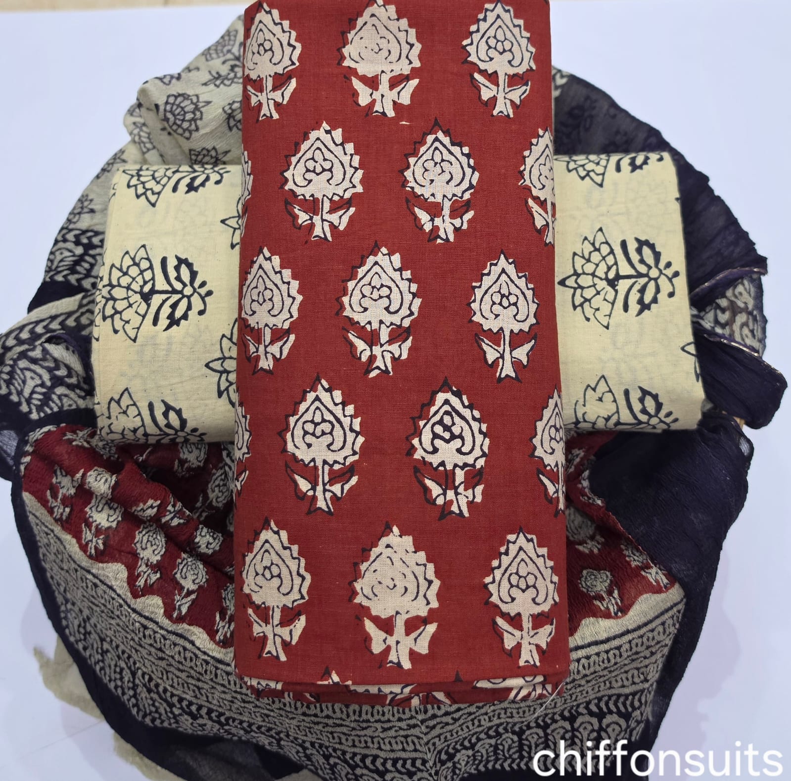 Pure cotton hand-block print suit with Chiffon dupatta