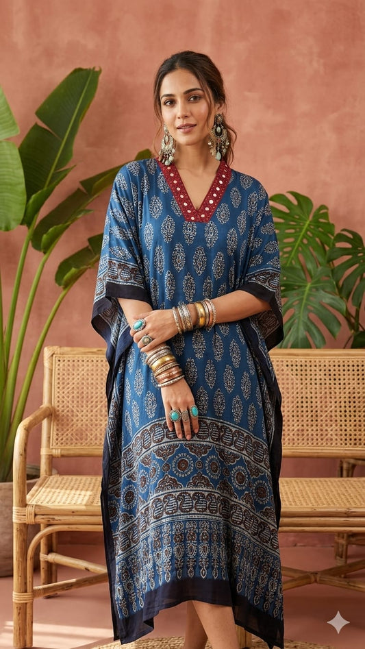 Pure Modal Silk Handblock Printed Kaftans Stitched suit With Hand Mirror Work