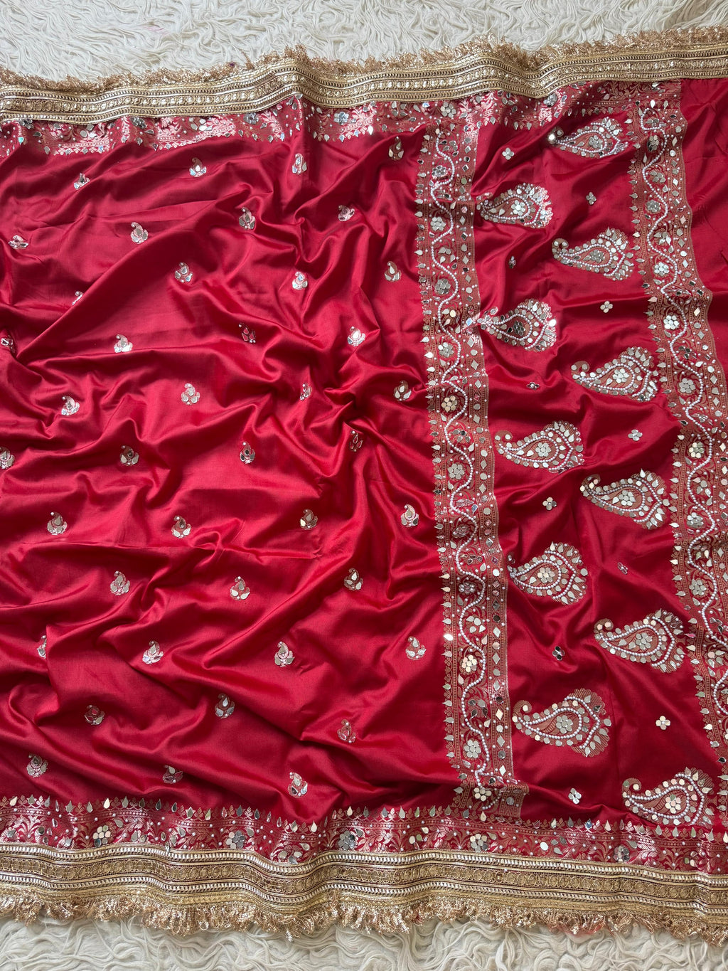 Banarasi Katan Mirror Work Saree With Beautiful Maharani Borders