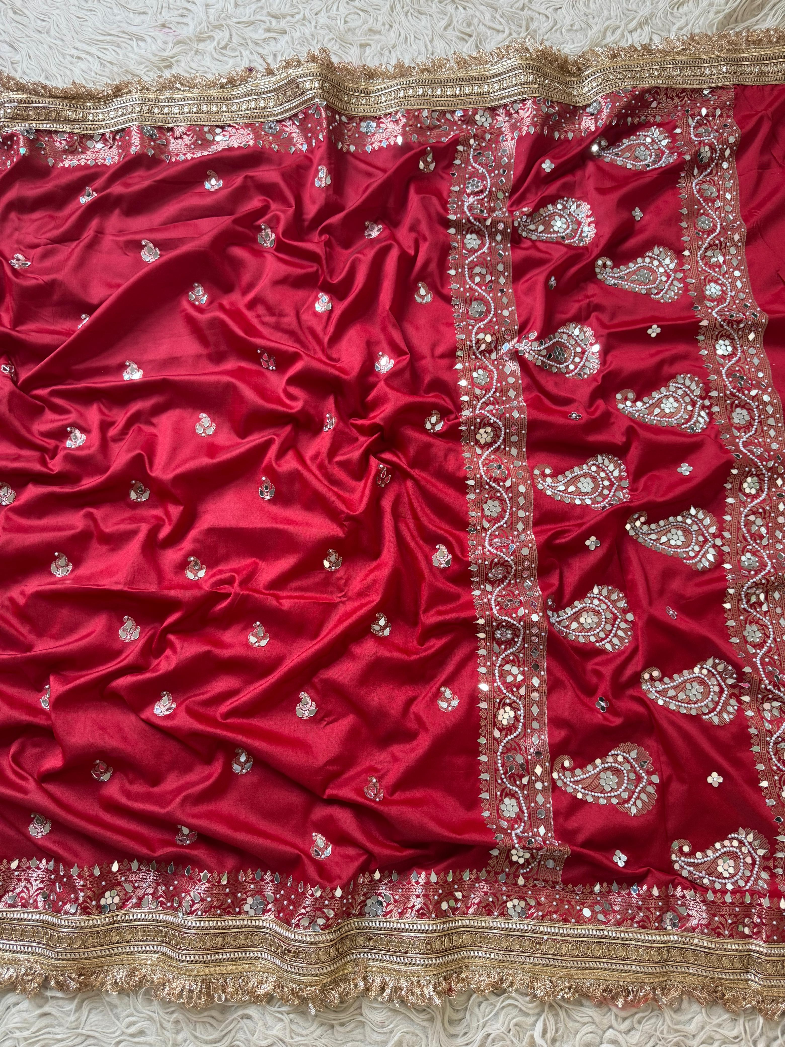 Banarasi Katan Mirror Work Saree With Beautiful Maharani Borders