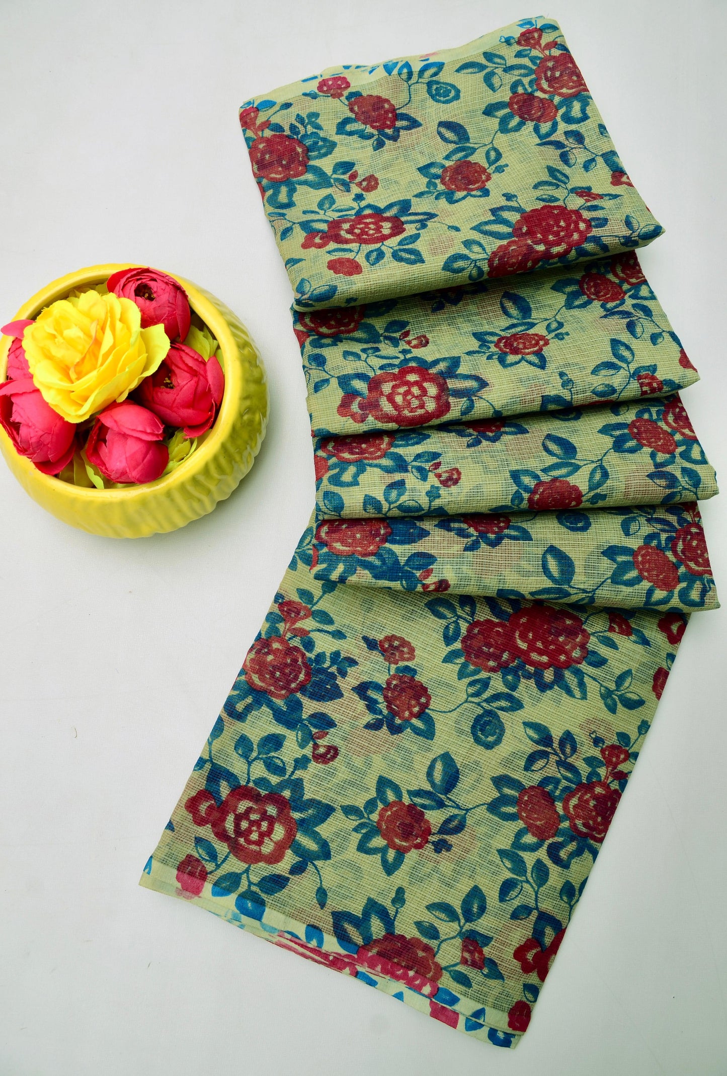 Pure Cotton Kota Doria Kalam Kari Floral Print Saree