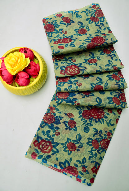 Pure Cotton Kota Doria Kalam Kari Floral Print Saree