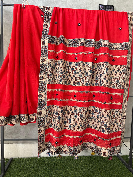 Pure Mul Cotton Saree With Ajrakh Mirror Work