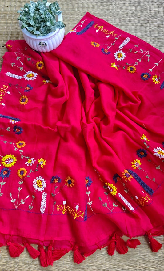 Beautiful Hand Stitch Pure Mul Cotton Saree Without blouse