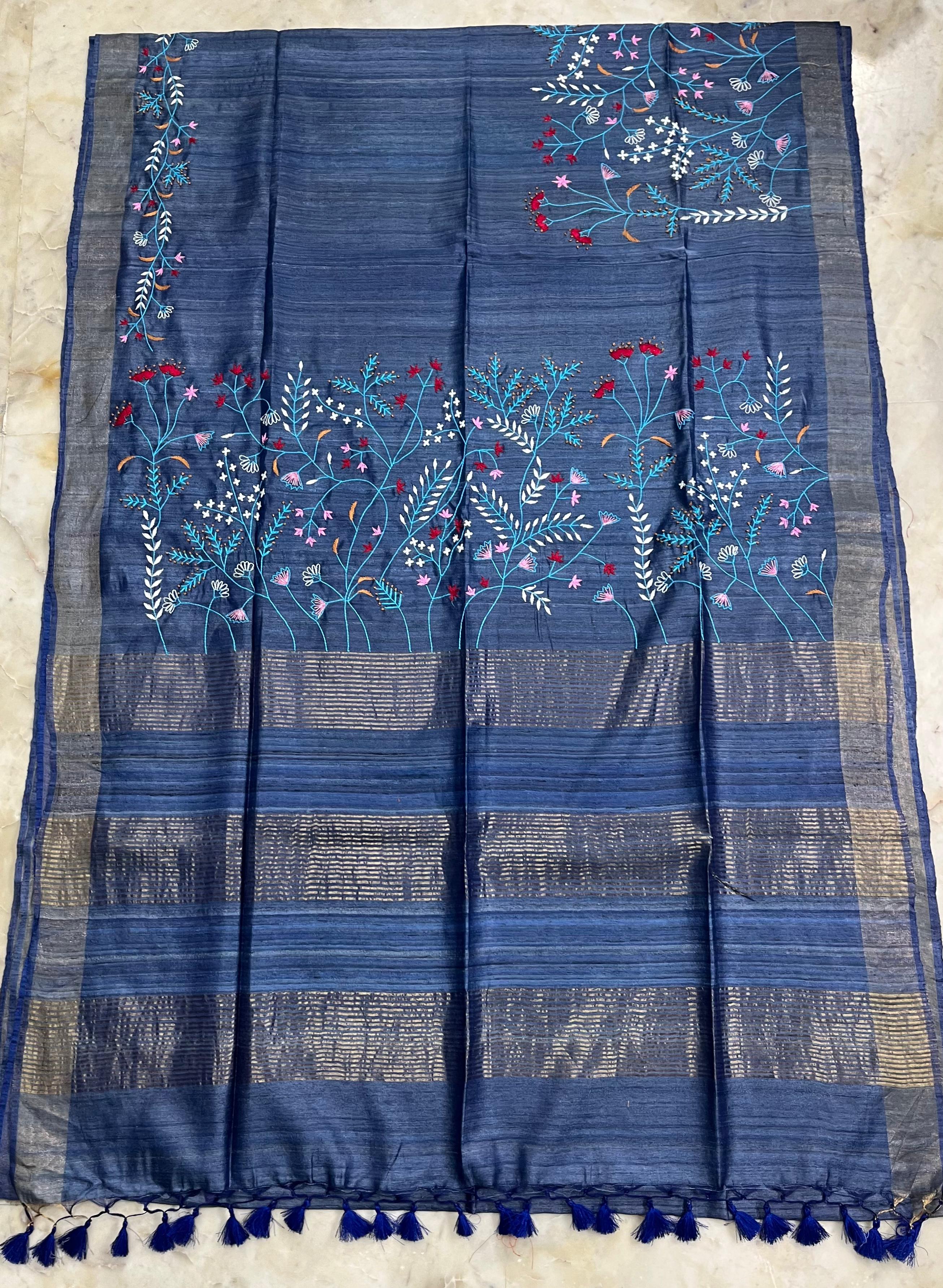 Pure Desi Tussar By Tussar Silk Embroidery Work Saree With Running Blouse