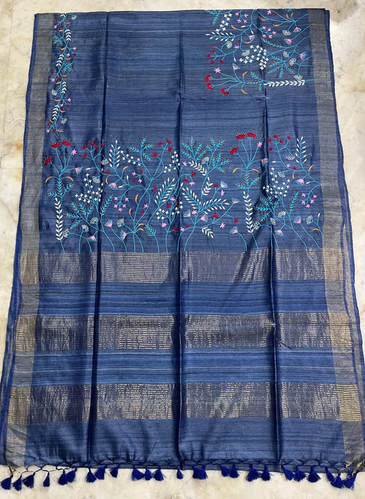 Pure Desi Tussar By Tussar Silk Embroidery Work Saree With Running Blouse