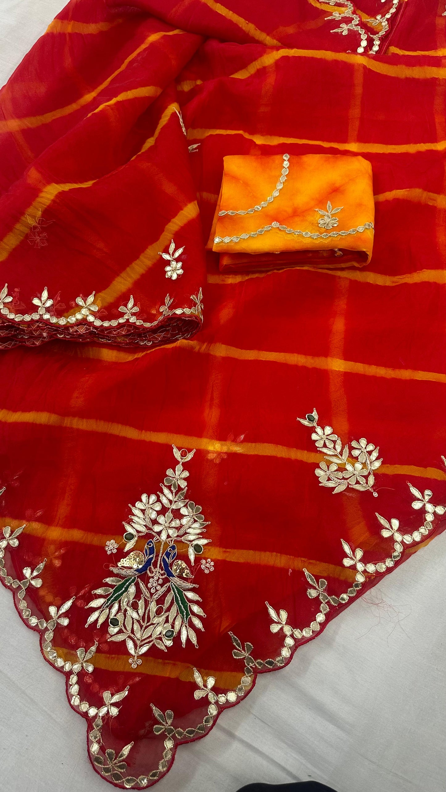 Desinger Organza  Leheriya   Pattern Gota  Patti Work Saree With Contrast Blouse