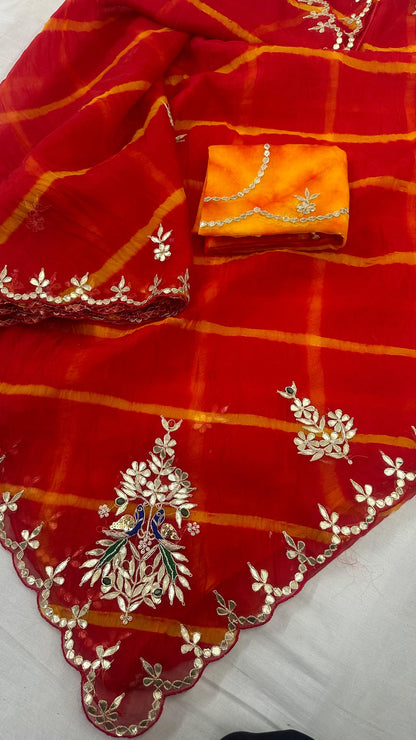 Desinger Organza  Leheriya   Pattern Gota  Patti Work Saree With Contrast Blouse