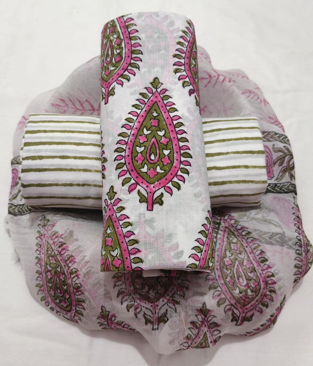 Pure cotton hand-block print suit with Chiffon dupatta