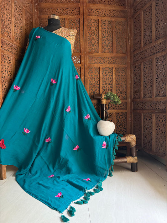 Fully handwork handstitch flower on pure handwoven mulmul