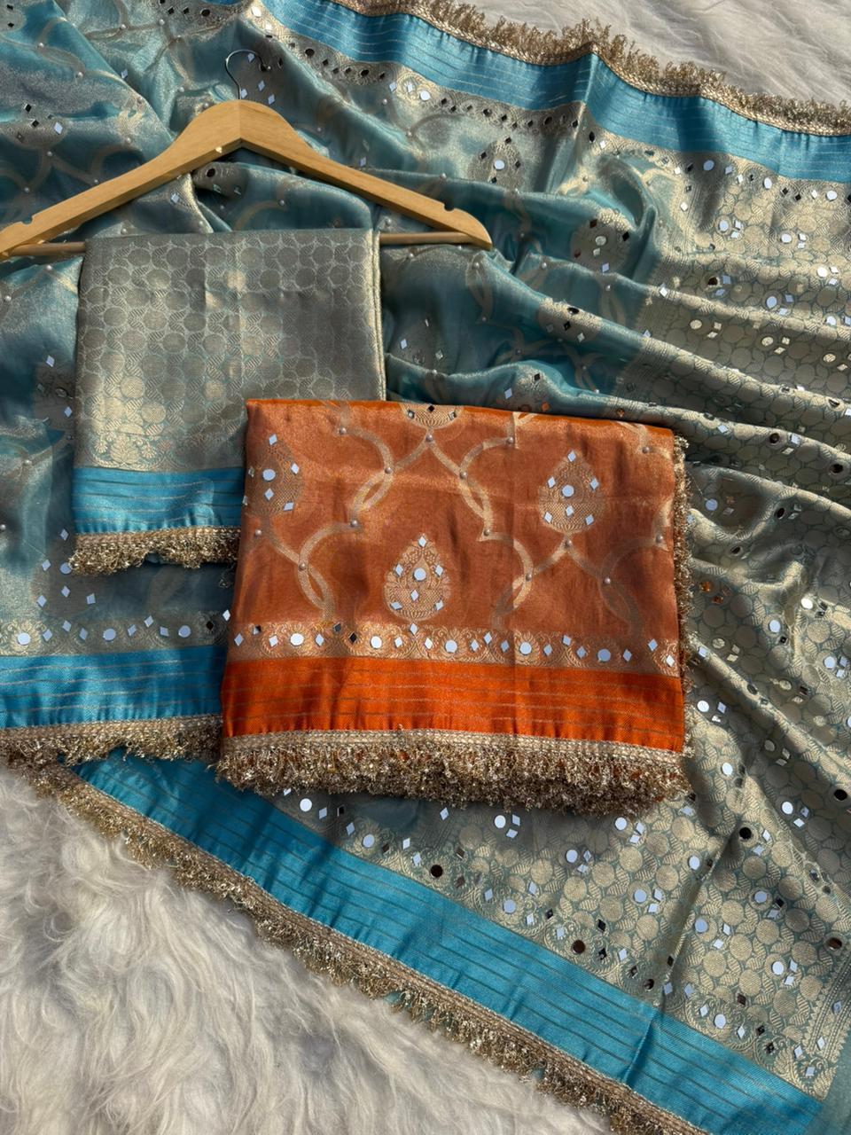 Elegant Tissue Mirror Work Saree with Designer Lace Border