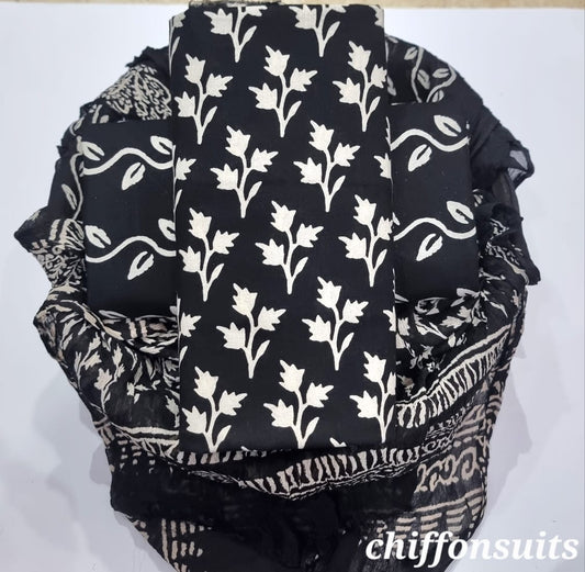 Pure cotton hand-block print suit with Chiffon dupatta