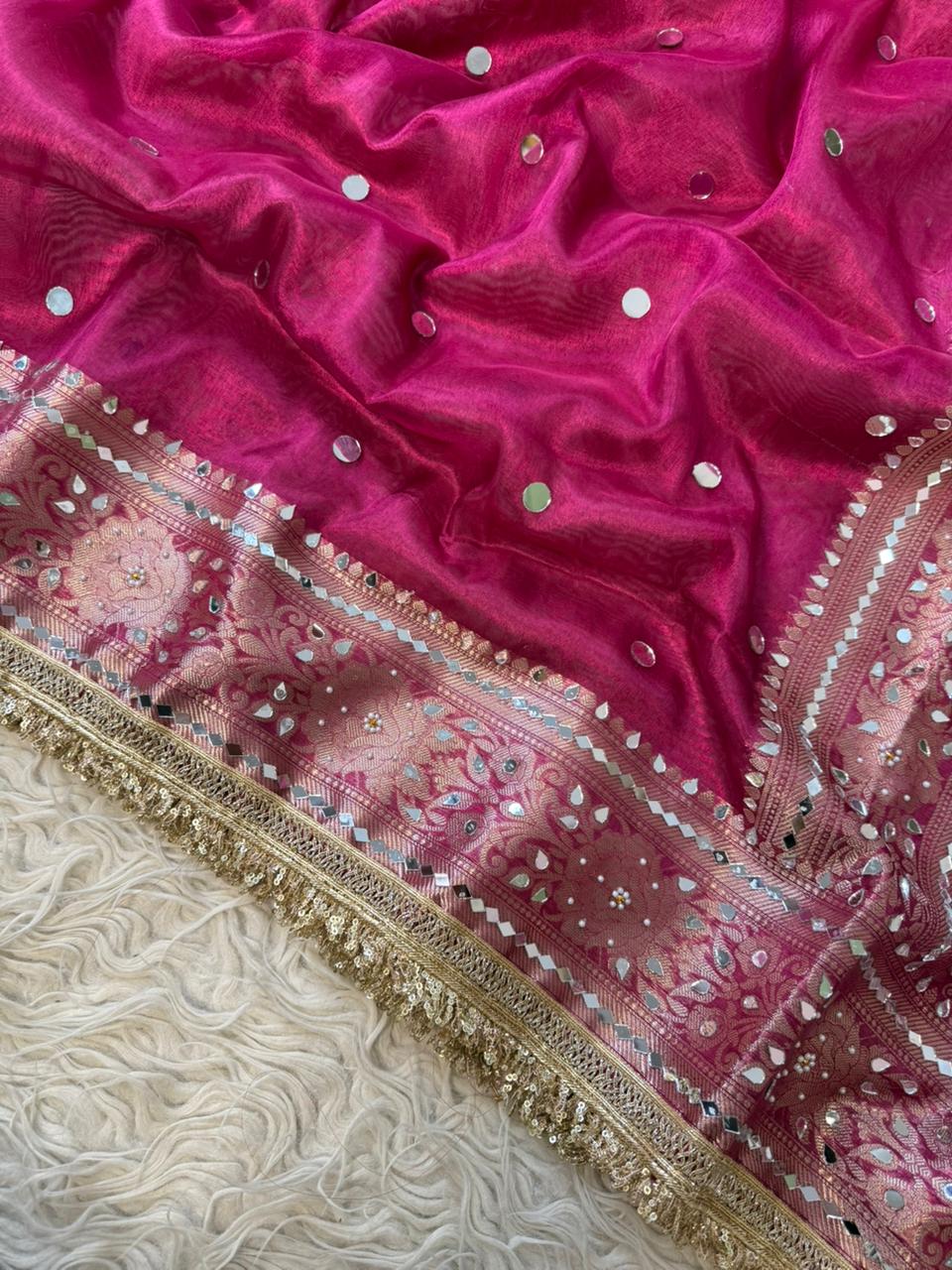 Banarasi Tissue Silk Saree With beautiful  borders with mirror  work