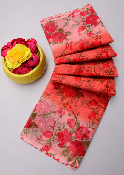 Pure Cotton Kota Doria Kalam Kari Floral Print Sarees