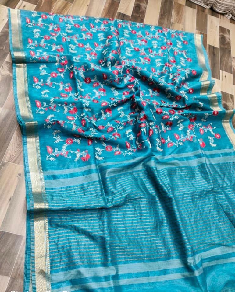 Pure Linen Silk Hand Embroidery Work Saree With Blouse