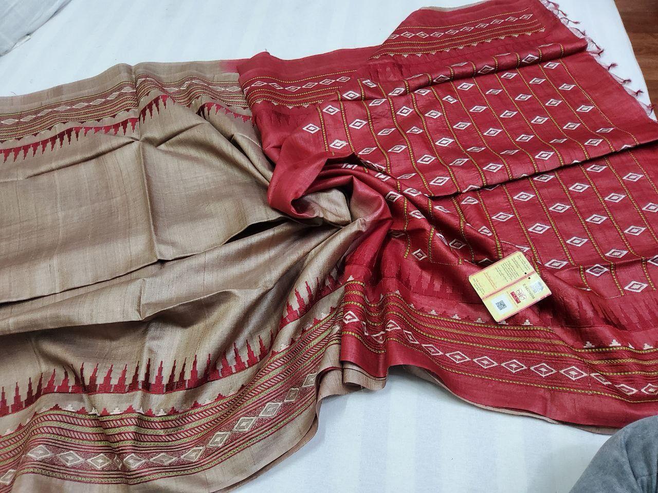 Pure Tussar By Tussar Silk Embroidery Work Saree With Running Blouse.