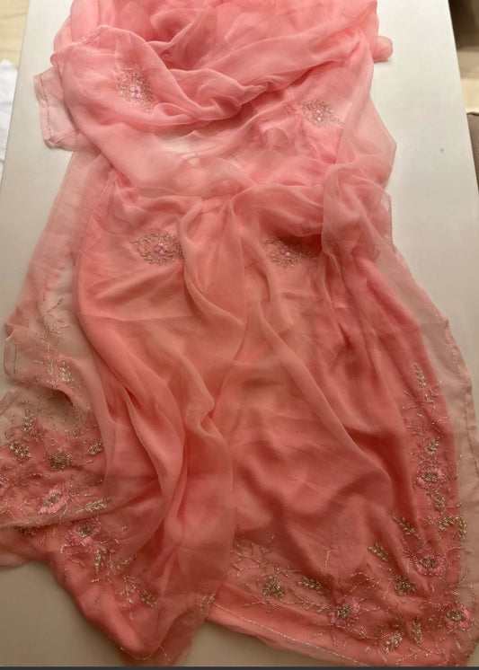 Pure Jaipuri Diamond Chiffon Elegance Hand Work Jaal Saree With Running Blouse