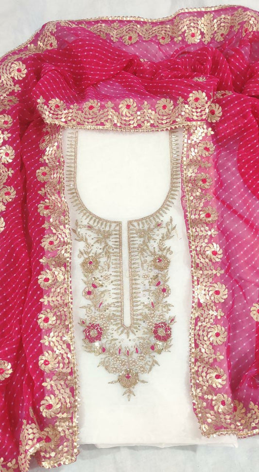 Pure Chanderi Hand Gota Patti Suit With Bandhej Silk Dupatta