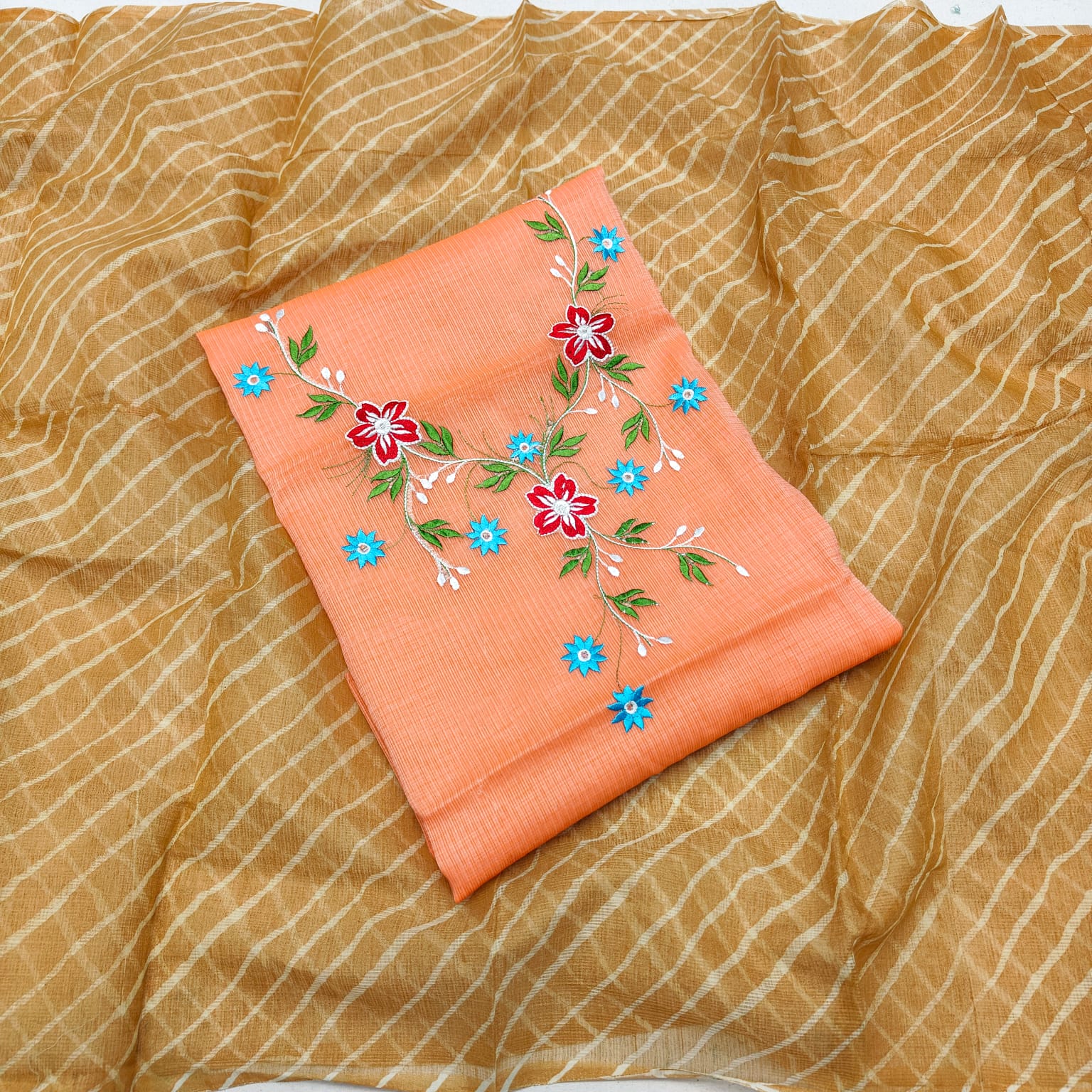 Pure Kota-Doria Unstitched Suit with Embroidery Work