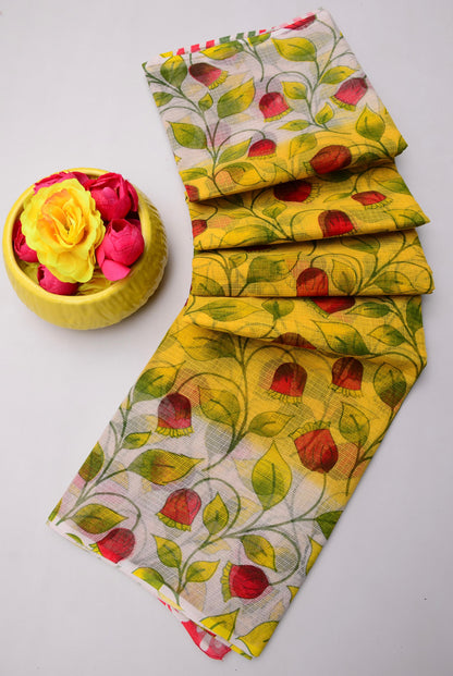Pure Cotton Kota Doria Kalam Kari Floral Print Saree
