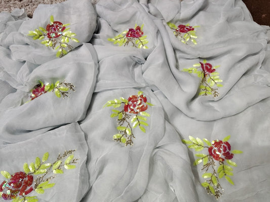 Grey Color Flower motif design pure jaipuri Chiffon Saree