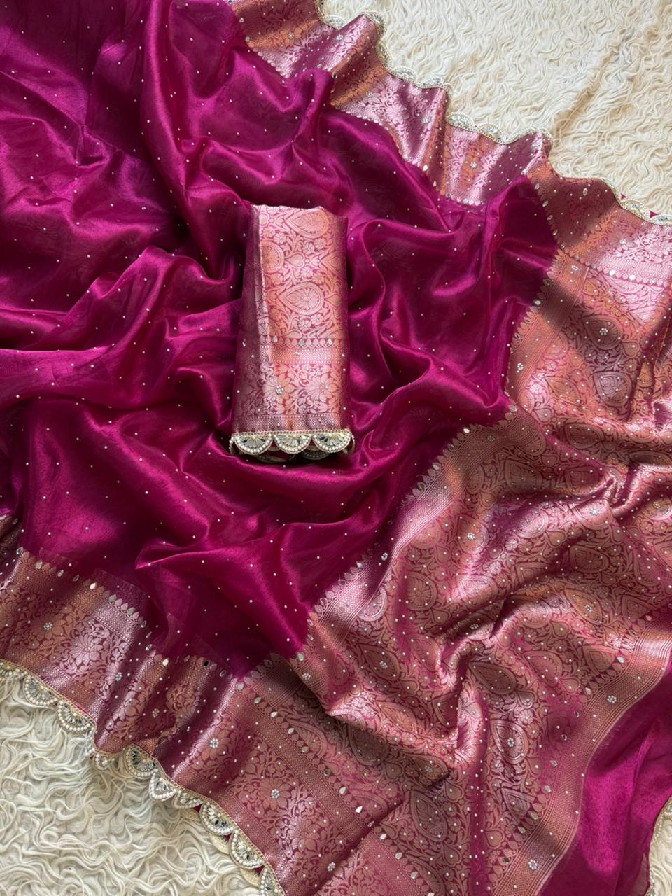 Banarasi Tissue Silk Saree With beautiful borders with beads work