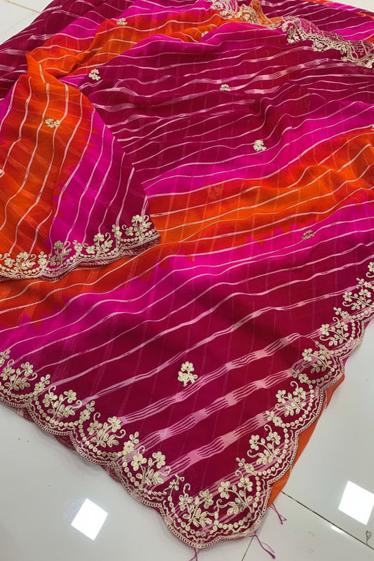 Georgette  Leheriya Gota Patti Work  Saree With Blouse