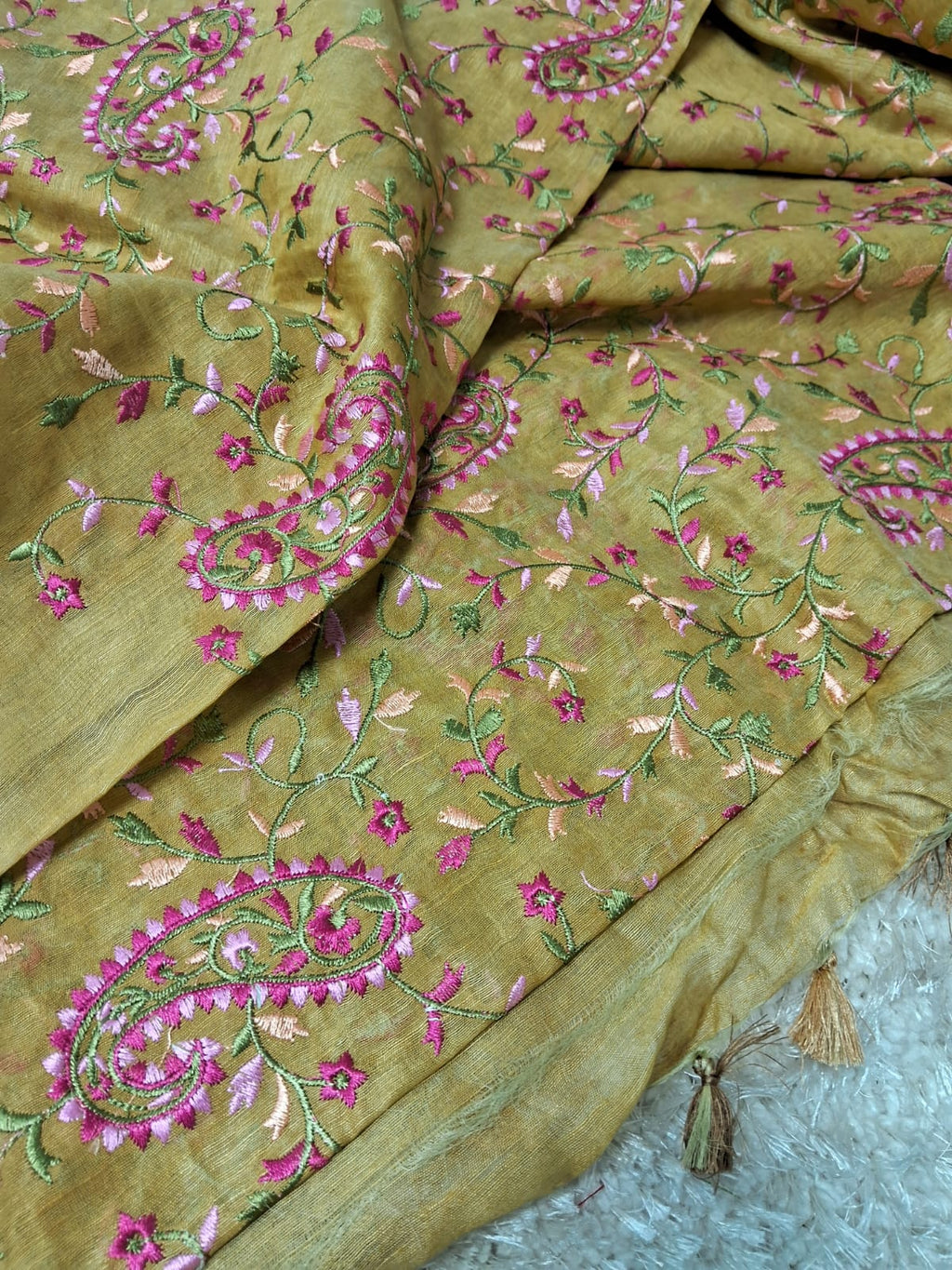 Pure Kota Linen Silk Hand Embroidery Work Saree With Blouse.