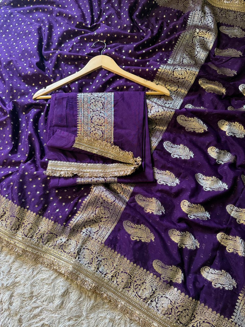 Handloom Banarasi Semi Khaddi Katan Soft Silk Saree With Lace Work Border