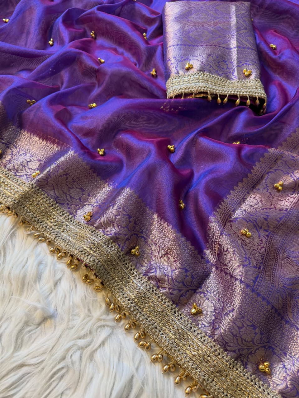 Premium Banarasi Tissue Zari Weaving Saree with Ghungroo Handwork Border