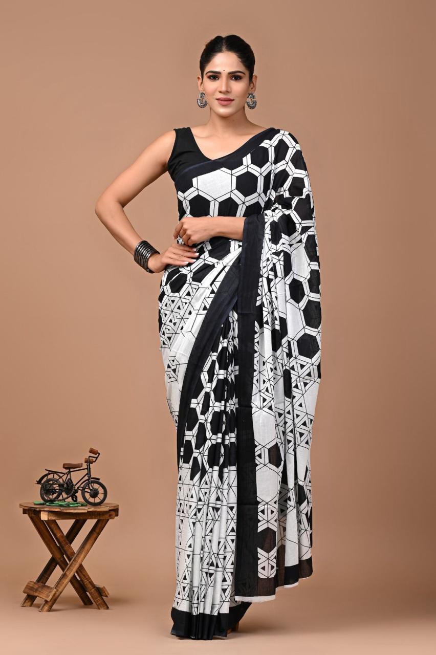 Pure Mulmul Cotton hand block Print Saree with Blouse