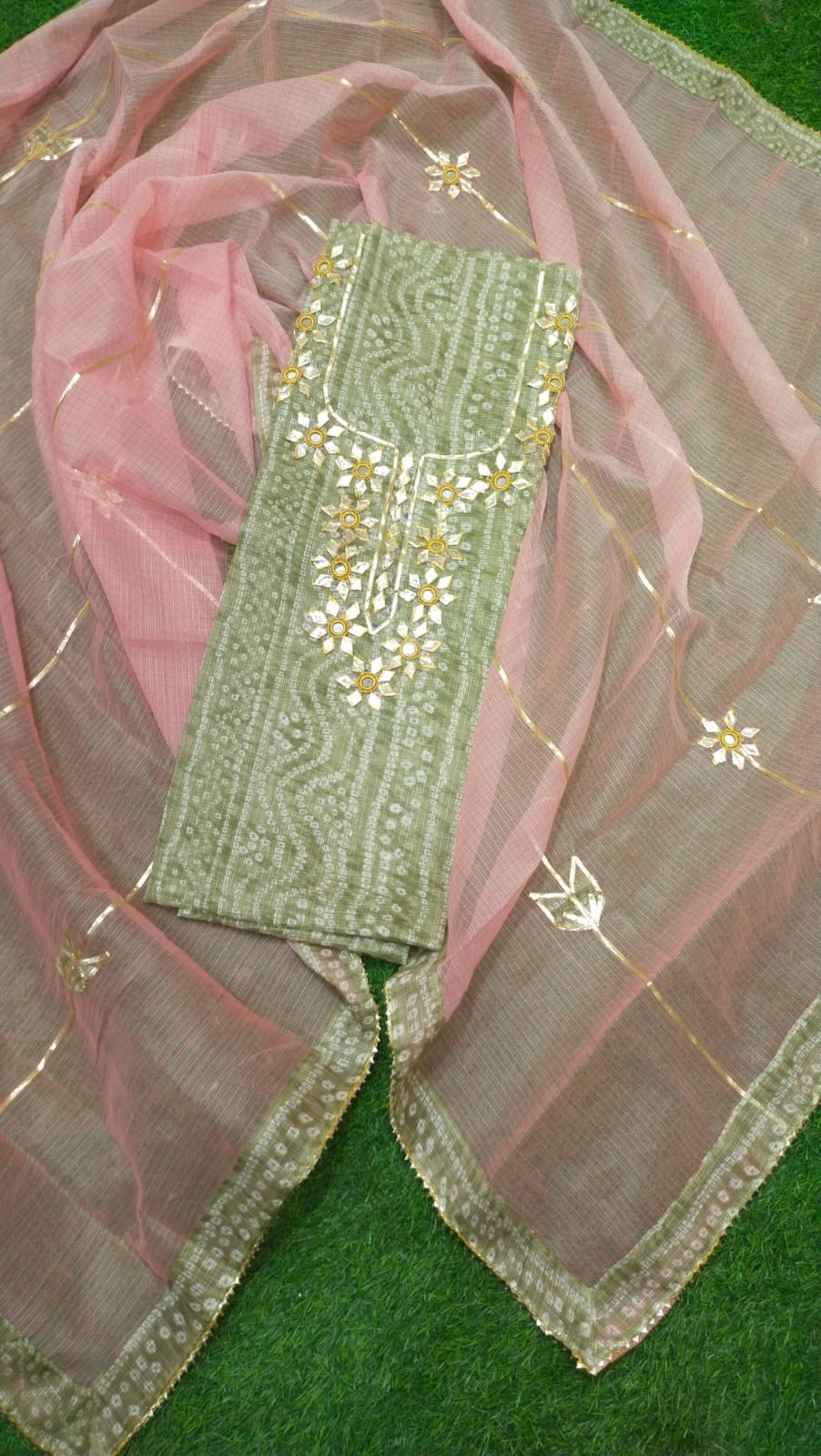 Premium Kota Doria Cotton 3 Pic Unstitched Suit Material with Hand Gota Work & Dupatta
