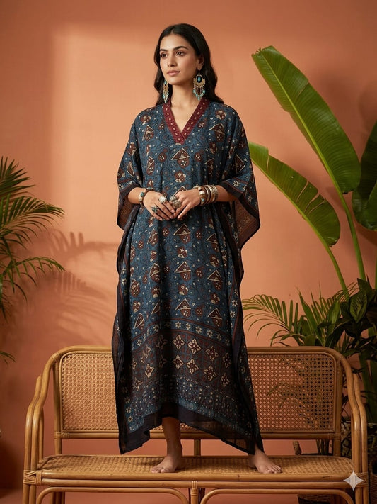 Pure Modal Silk Hand block Printed Kaftans Stitched suit With Hand Mirror Work