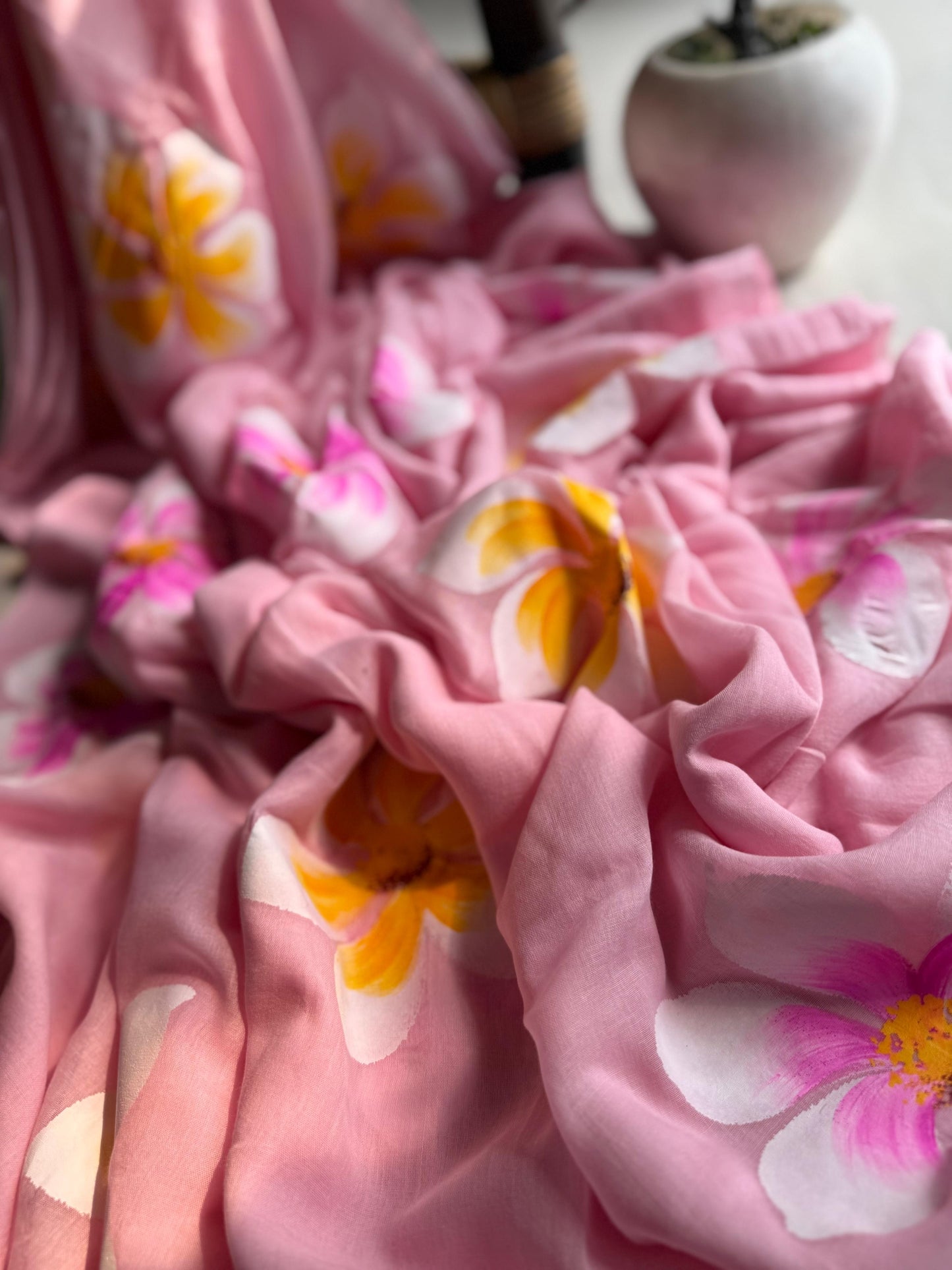 Beautiful Mulmul   Cotton Flowers design Hand Painted Saree